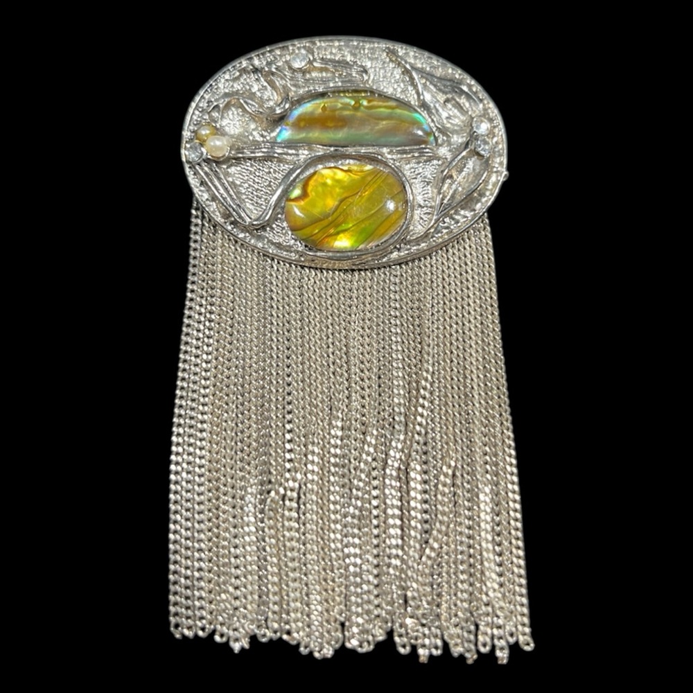 Art Deco Vintage Abalone Waterfall Jewelry Brooch w/ Silver Chain Fringe